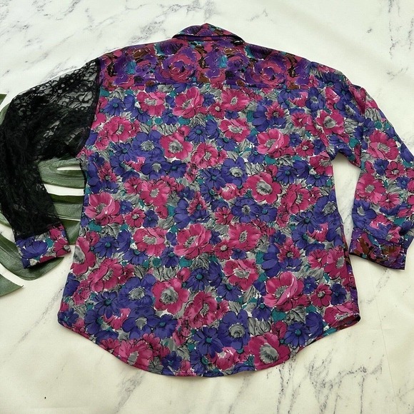 Jonathan Martin Womens Vintage 90s Patchwork Blouse Shirt Size M Pink Black Lace - Picture 8 of 12